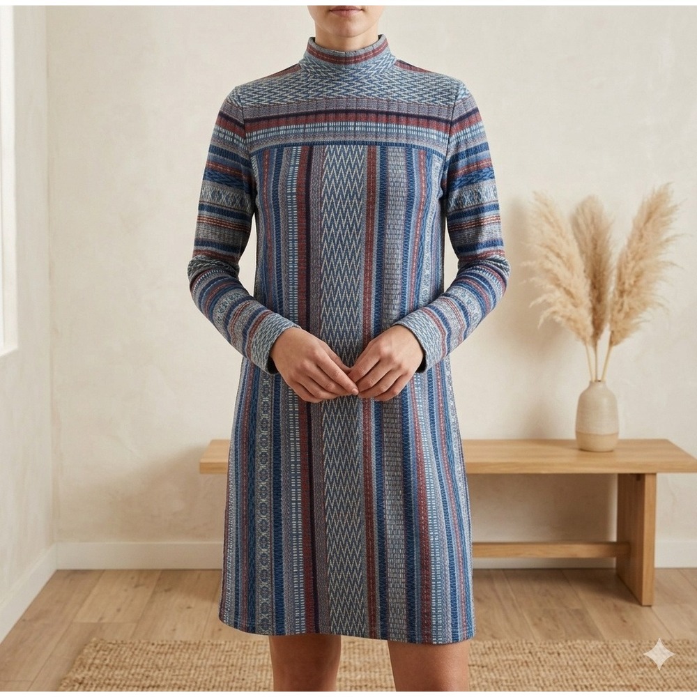 Altard State Womens Large Blue Geometric Fair Isle‎ Mock Neck Knit Mini Dress L